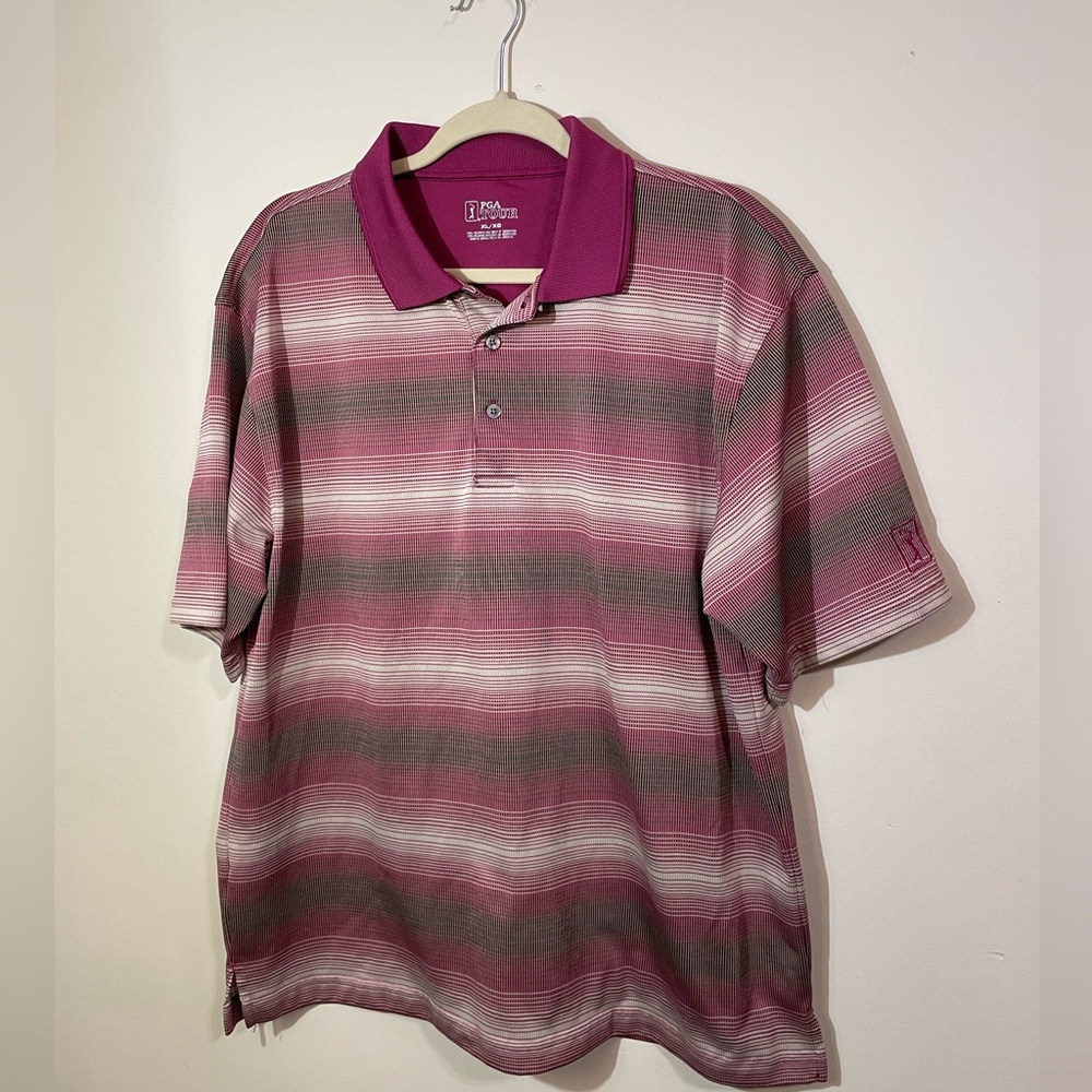PGA Tour Men’s XL Golf‎ Casual Polo Shirt Mauve purple Grey striped short sleeve